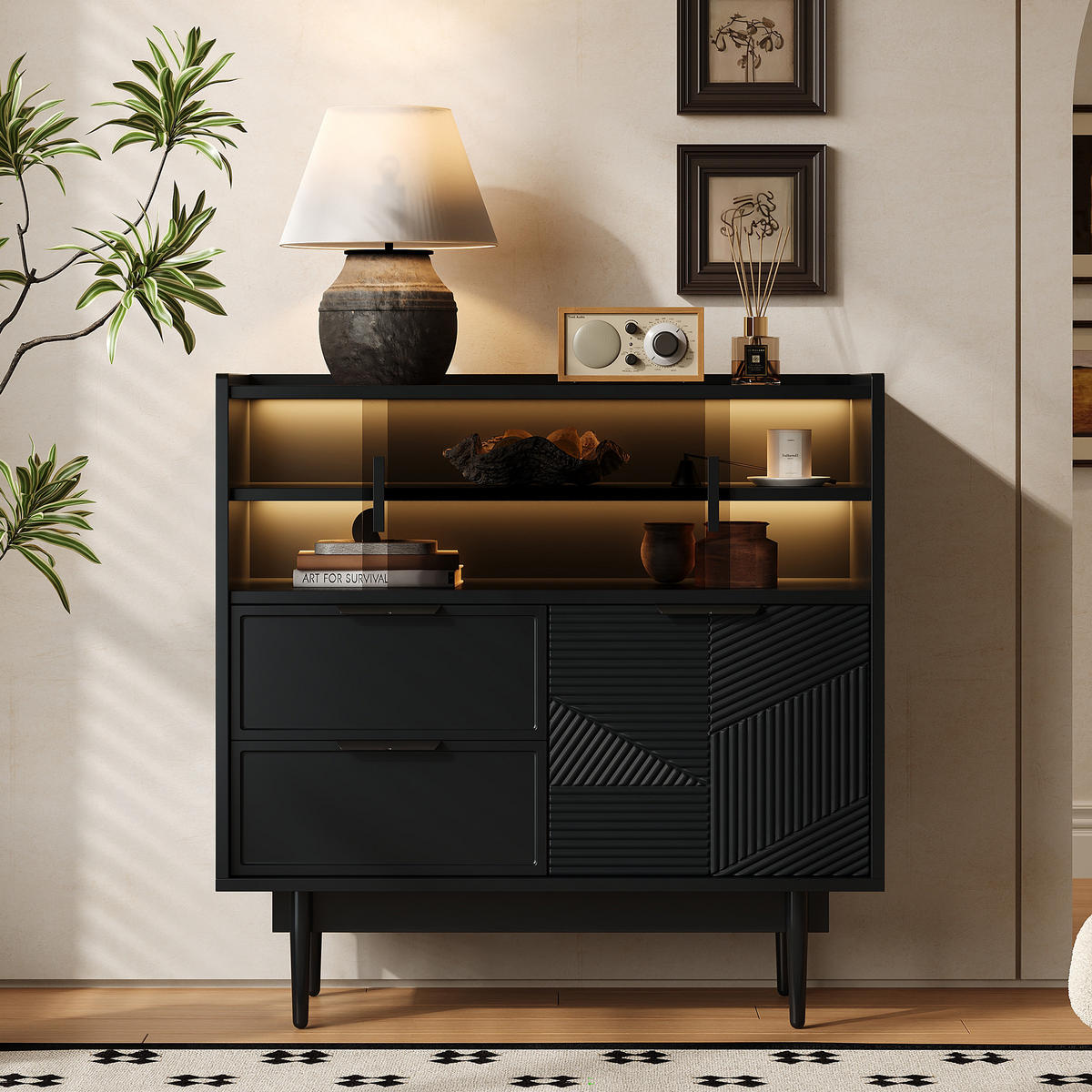SIDEBOARD in Schwarz Aufbewahrungsschrank , mit LED-Lichtleiste Glastür Stauraum Badmöbel B80/T35/H80cm - Transparent/Schwarz, Glas/Holzwerkstoff (80/80/35cm) - STILVORA