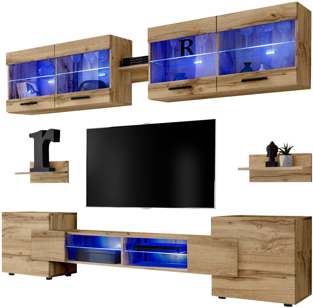 WOHNZIMMERSET Foggia, 6er-Set, Eiche Wotan, Front Eiche Wotan, LED Blau - Eiche Wotan/Schwarz, Glas/Holzwerkstoff (230/190/45cm) - Komodee