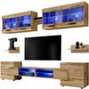 WOHNZIMMERSET Foggia, 6er-Set, Eiche Wotan, Front Eiche Wotan, LED Blau - Eiche Wotan/Schwarz, Glas/Holzwerkstoff (230/190/45cm) - Komodee