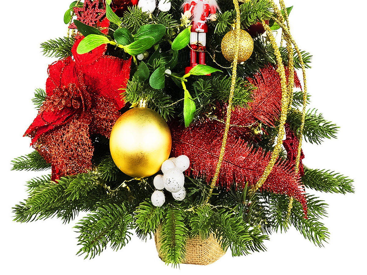 WEIHNACHTSBAUM künstlicher 60 cm mit LED-Beleuchtung, ROTERNUSSKNACKER II, mit 33 Weihnachtsbaumschmuck, Pflanztopf mit Jutesack - Rot/Goldfarben, Kunststoff/Stein (40/60cm) - LAALU