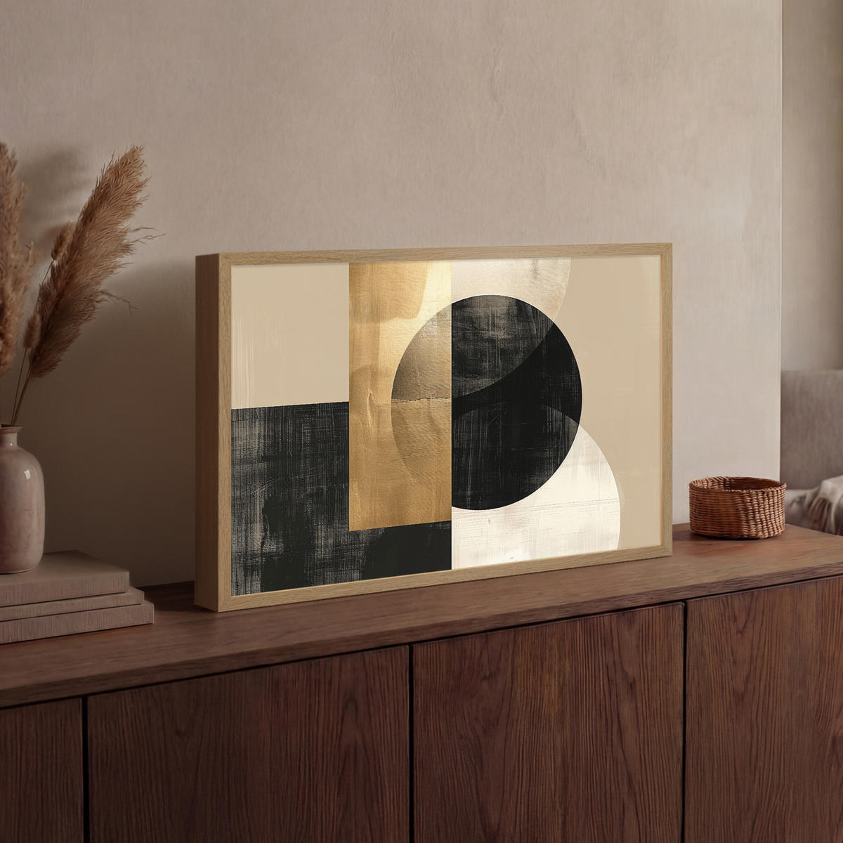 NÁSTĚNNÁ LAMPA S AKUMULÁTOREM Abstraktní - Moderní - Černá - Zlatá 60x40 cm - písková barva, kompozitní dřevo (60/40/8cm) - OnlyWow