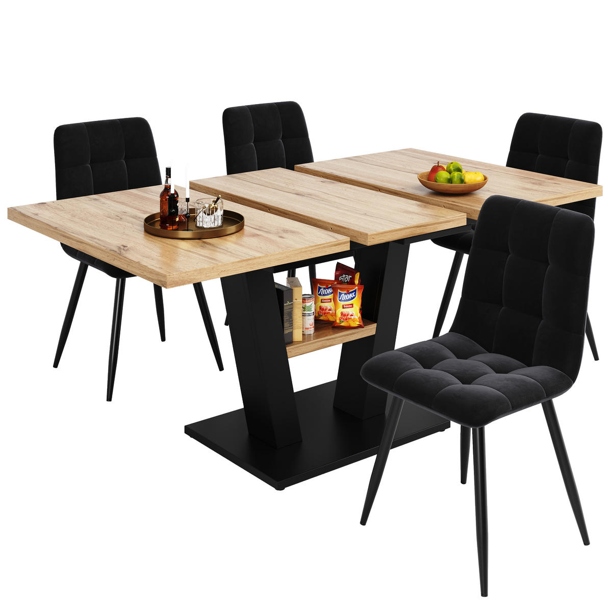 ESSTISCHSET 5-Teilig Ausziehbar 118-157x70 Cm, 4 Samtstühle, V-Beine - Multicolor, Holzwerkstoff (70/75/160cm) - FLIEKS