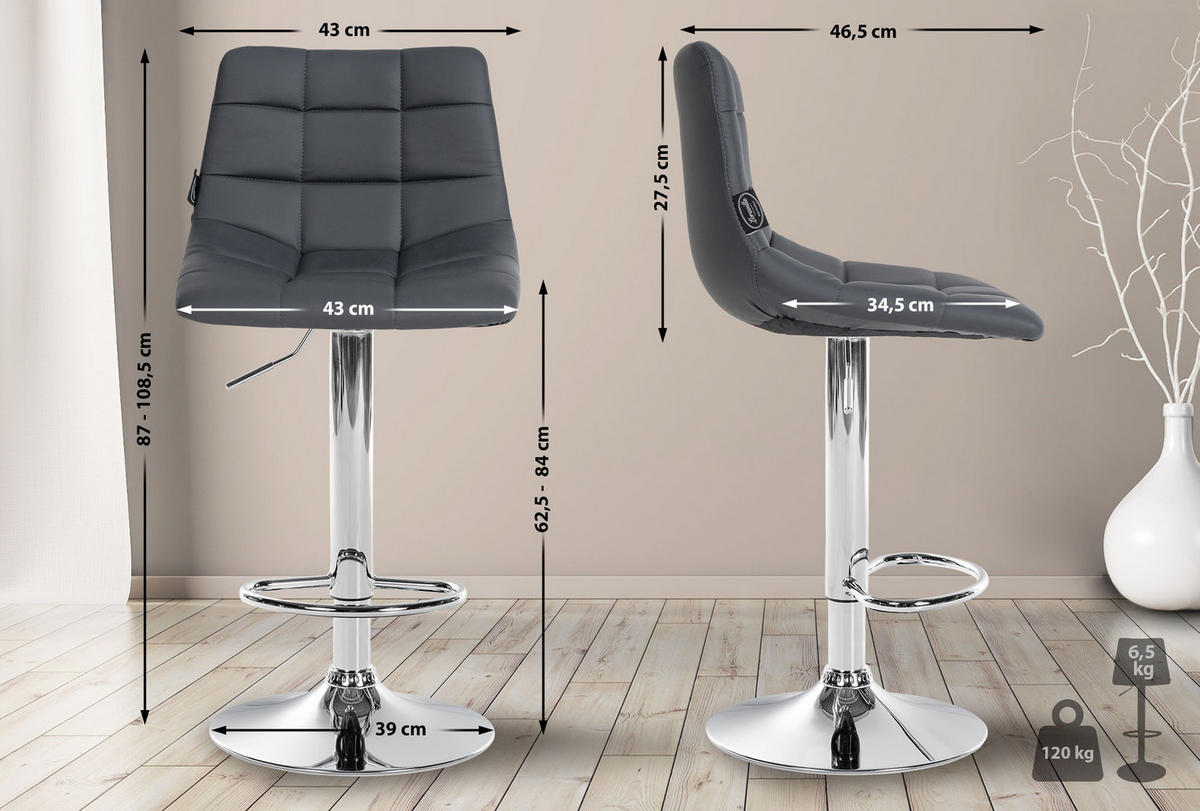 BARHOCKER 2er Set James Kunstleder chrom grau - Chromfarben/Grau, Kunststoff/Metall (43/108.5/46.5cm) - TPFLiving
