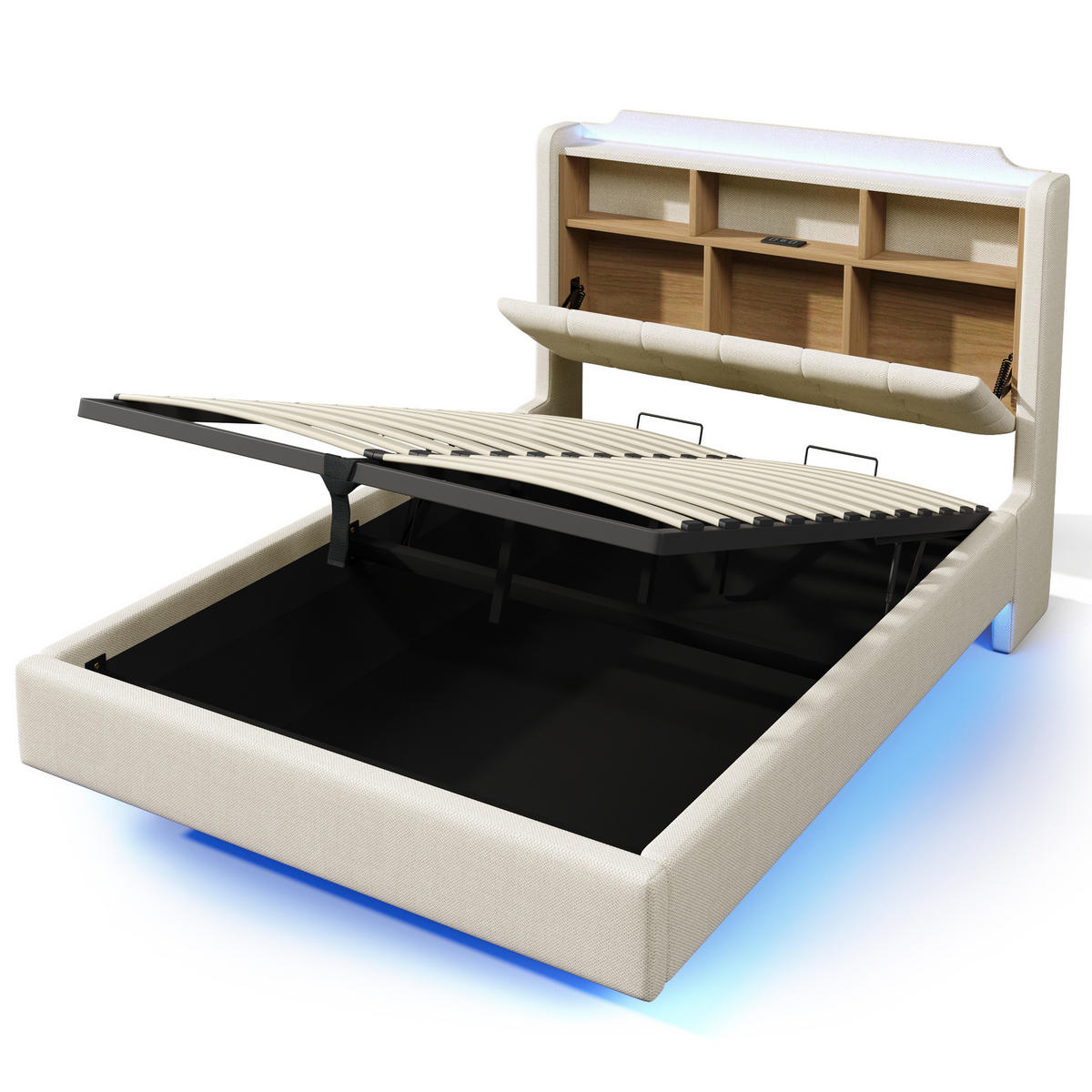 POLSTERBETT 140/200 cm mit LED-Beleuchtung und Bettkasten in Beige - Beige, Textil (140/200cm) - BEAOK