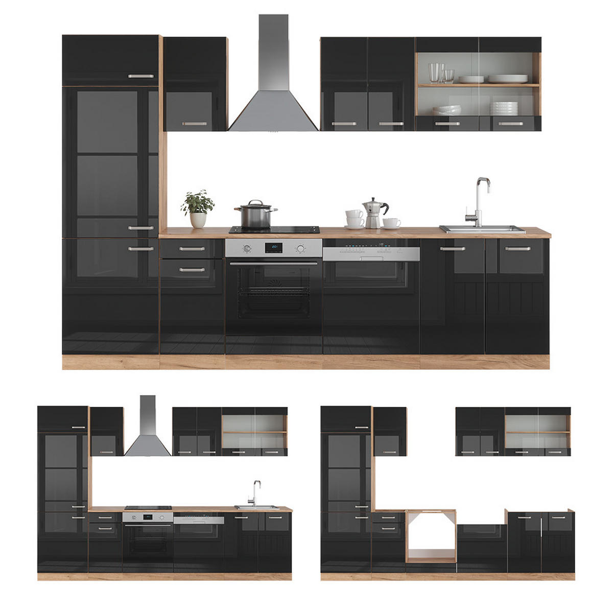 KÜCHENZEILE R-Line Schwarz Hochglanz/Goldkraft Eiche 300 cm AP Anthrazit - Schwarz Hochglanz/Eiche Wotan, Holzwerkstoff (300/81.6/60cm) - Vicco