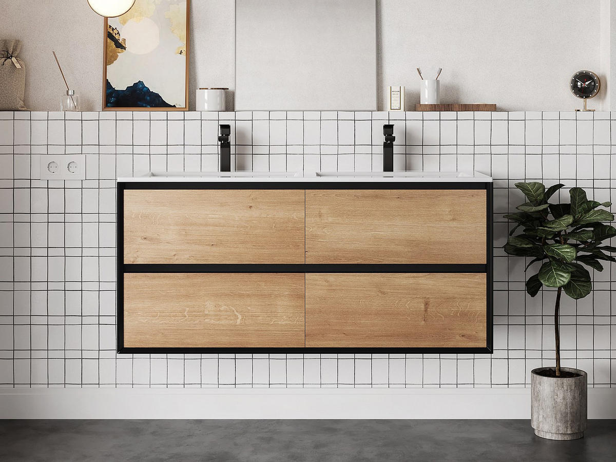 WASCHBECKENUNTERSCHRANK hängend - helles Naturfarben und schwarz - 120 cm - LANNICK - Schwarz, Holz (120/55/45.6cm) - Vente-Unique