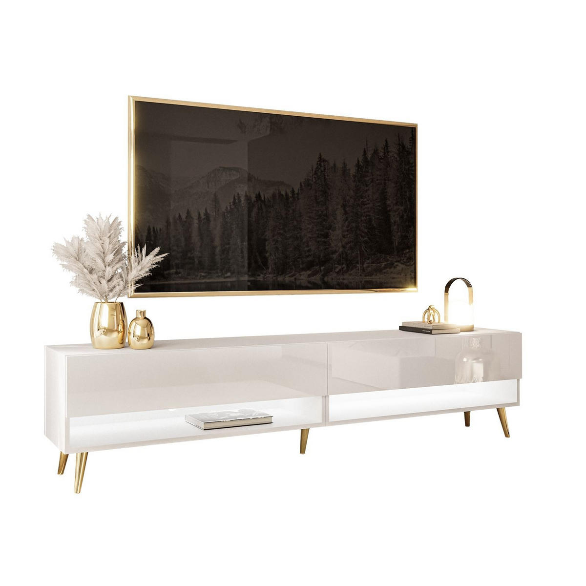 LOWBOARD TV-Schrank CALANTE 180 cm auf schrägen goldenen Chrom-Beinen - Weiß Hochglanz/Goldfarben, Holzwerkstoff/Metall (180/43/35cm) - Lookway