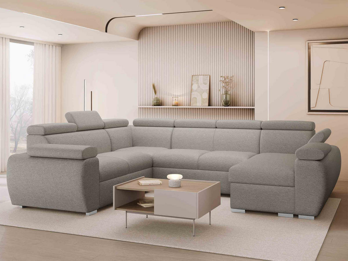 WOHNLANDSCHAFT Boston U, Seite: Rechts - 2R+R+2P+LC - Chromfarben/Greige, Holz/Textil (325/98/260cm) - MIRJAN24