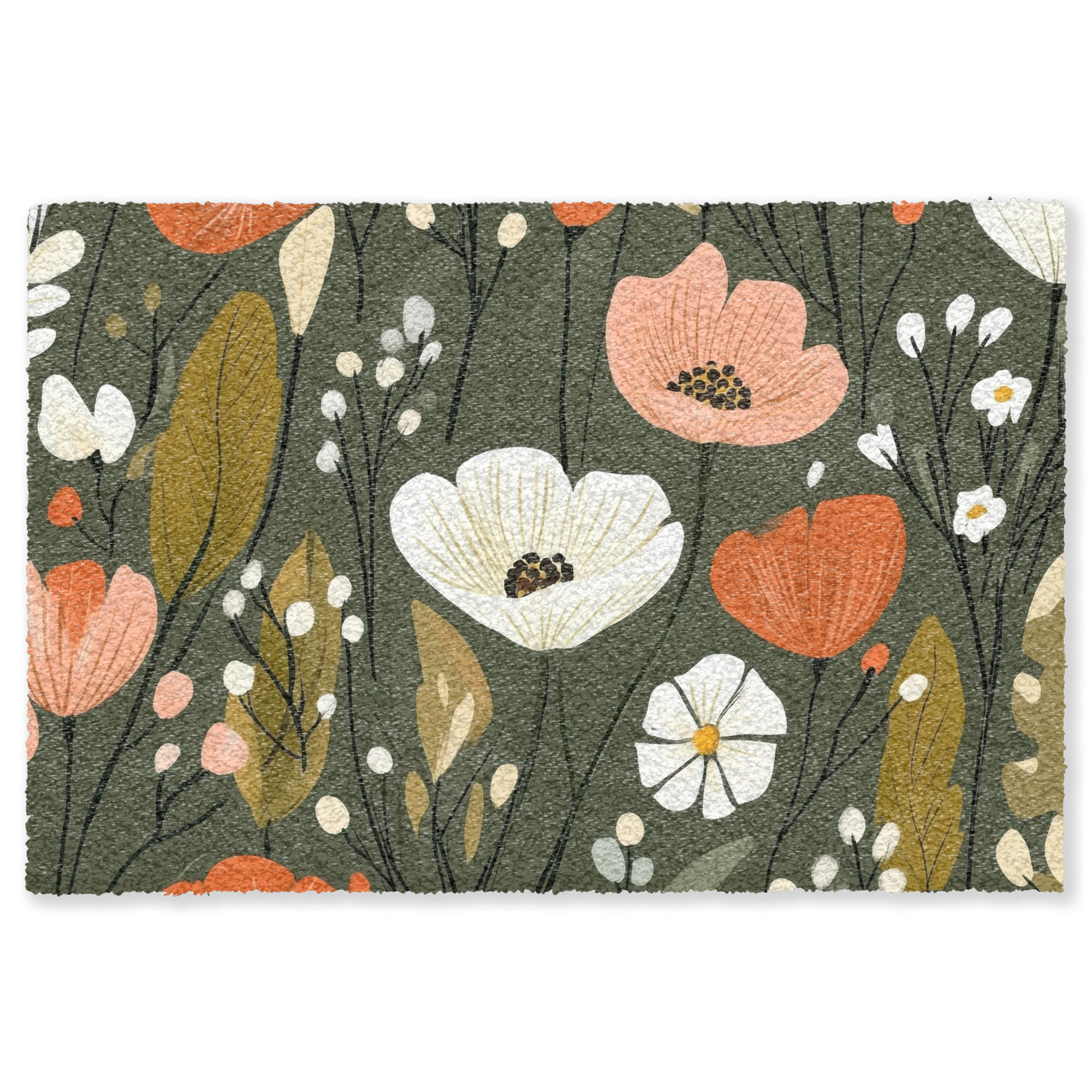 FUSSMATTE Blumen - Illustration - Grün Flurteppich 180x120 cm - Dunkelgrün, Kunststoff (180/120cm) - MuchoWow