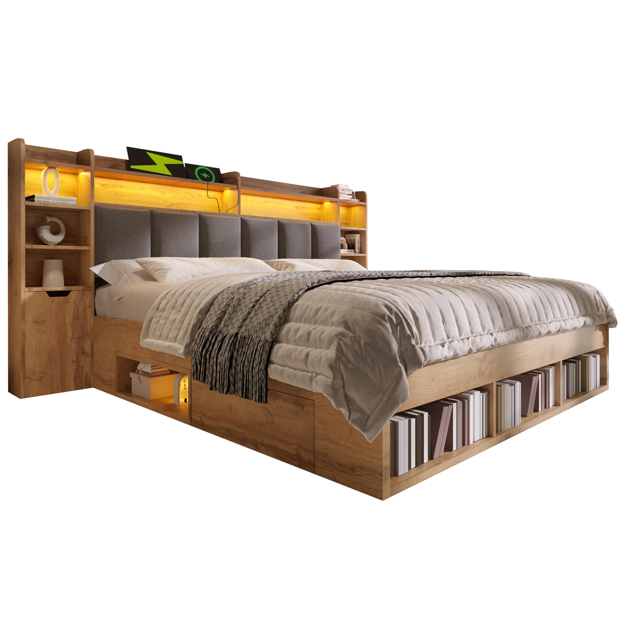 DOPPELBETT 180x200 cm in Eichefarben mit LED-Beleuchtung, USB-Anschlüssen und Stauraum - Eichefarben, Holz (180/200cm) - IVMEU
