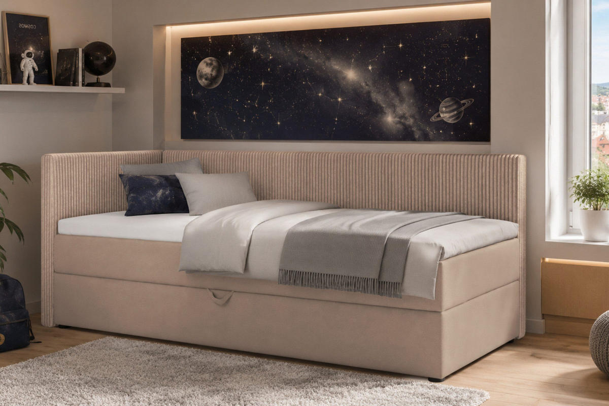 BOXBETT RICO 90/200 in Cord/Velours Beige H3 rechts - Beige, Holz/Holzwerkstoff (90/200cm) - Deine Möbel 24