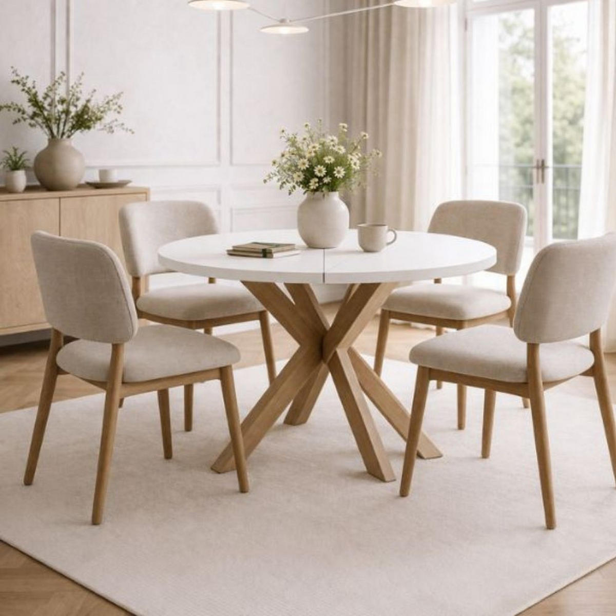 ESSTISCH RAL mit Holzbeinen, Durchmesser: 100 / 150 cm Weiß / Buche Natur - Buchefarben/Weiß, Holz (100/150/77cm) - Dekori_Interiors