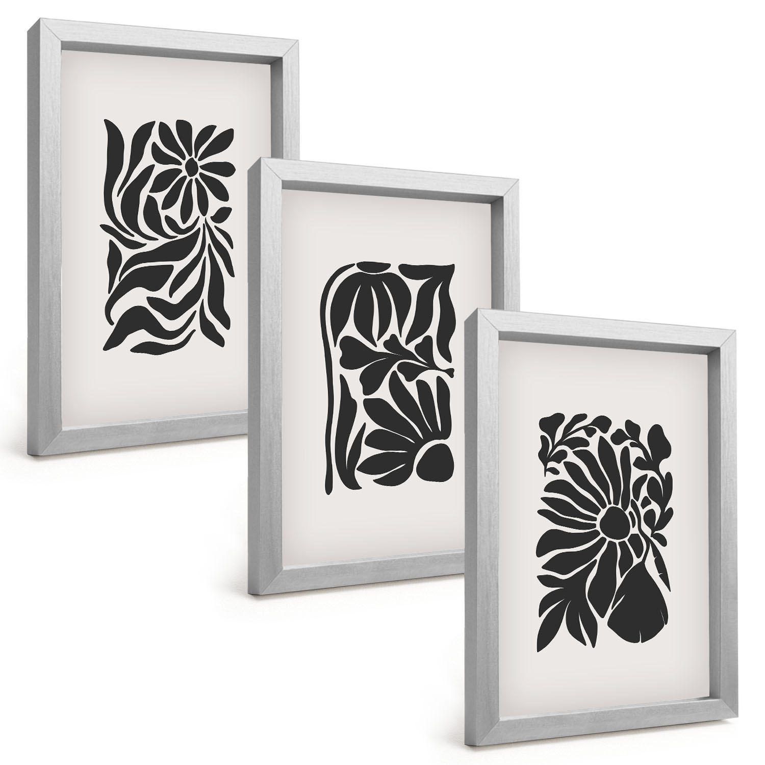 BILDER SET 3er Set - 20x30 cm Silberner Rahmen - Abstrakte Pflanzenmuster - Silberfarben, Kunststoff (20/30cm) - TULUP