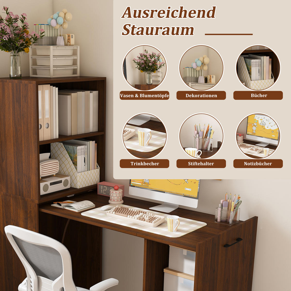 SCHREIBTISCH mit Stauraumschrank platzsparender Klappschreibtisch - Nussbaumfarben, Holzwerkstoff (55/80/136cm) - Gisaae
