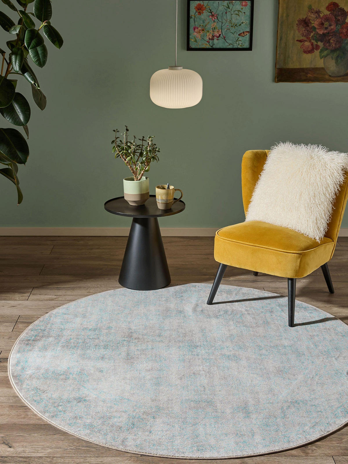 VINTAGE-TEPPICH Miray waschbar ø 160 cm rund - Türkis/Grau, Kunststoff (160/160cm) - benuta Nest