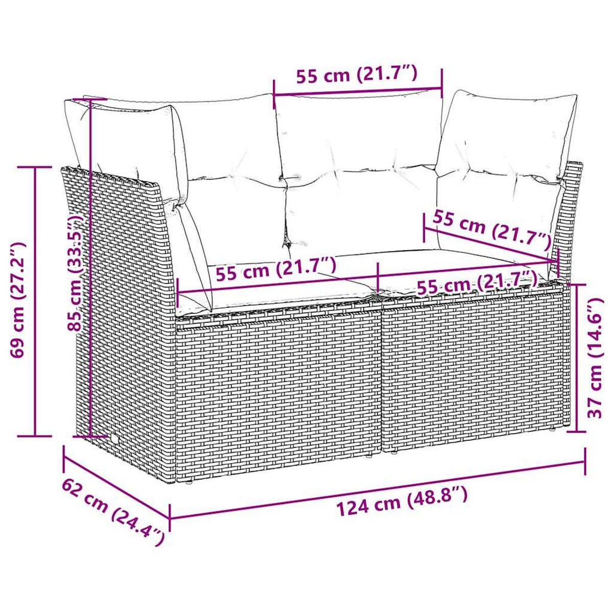 GARTENSOFA Mit Kissen 2-Sitzer Hellgrau Poly Rattan - Grau, Kunststoff (124/69/62cm) - vidaXL