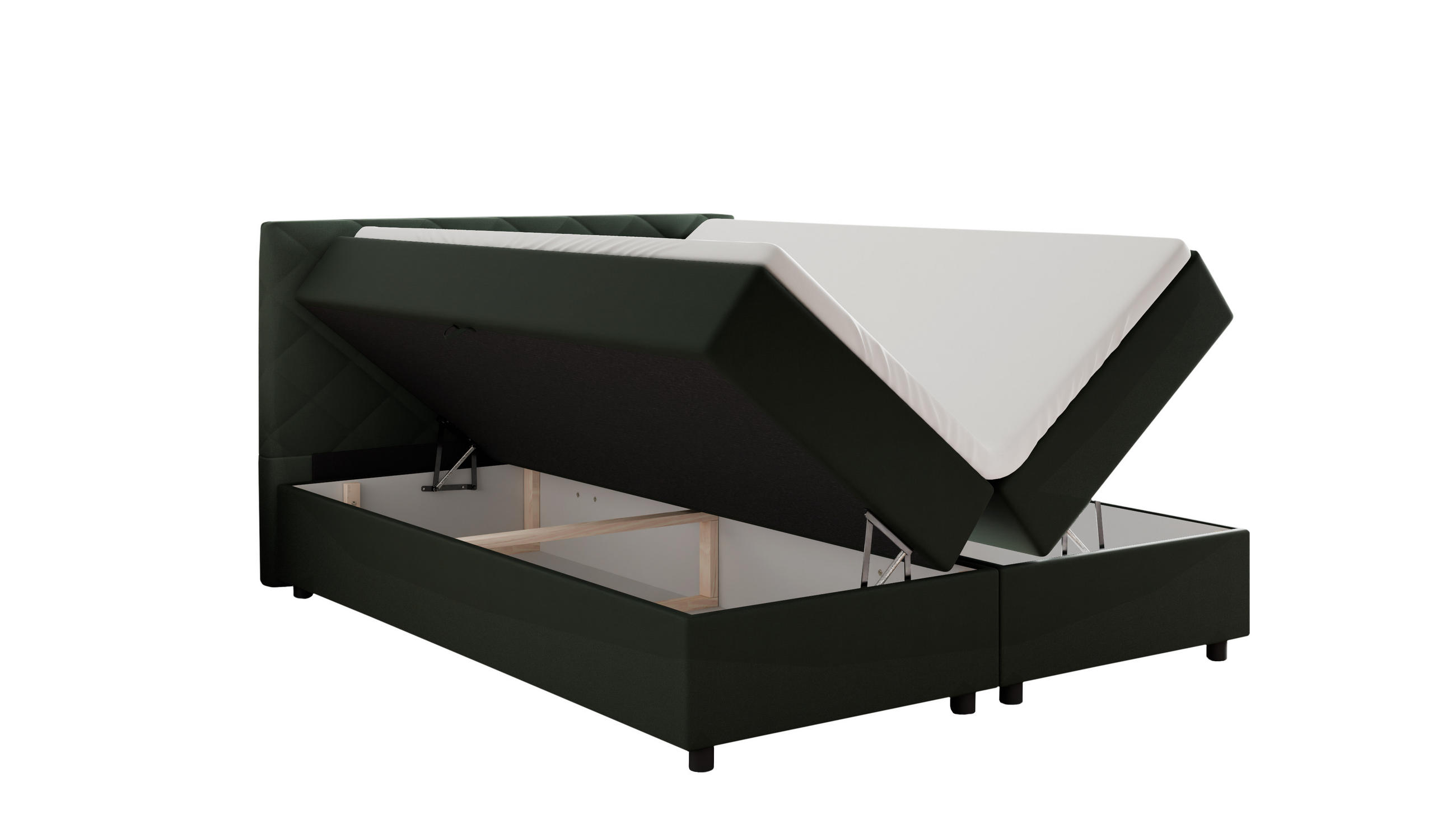 BOXBETT Diamaro 160x200 cm mit Bettkasten und Topper - Dunkelgrün - Grün, Holz (160/200cm) - Panda Möbel