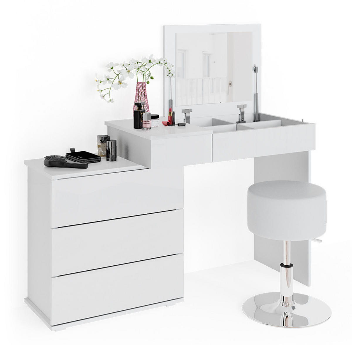 SCHMINKTISCH Lotos Weiß 117.4 cm mit Hocker - Weiß, Holzwerkstoff (117.4/78/45cm) - Vicco