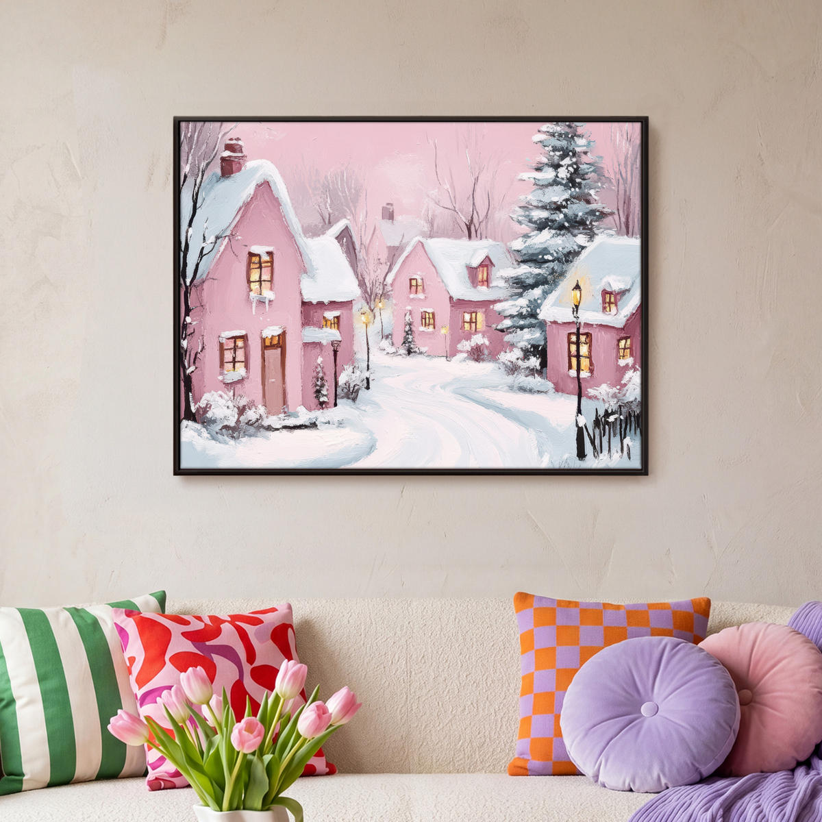 LEINWAND Bilder mit Rahmen - Weihnachtsdorf - Rosa - Winter - Schnee - Häuser - 70x50 - Altrosa, Textil (70/50cm) - MuchoWow