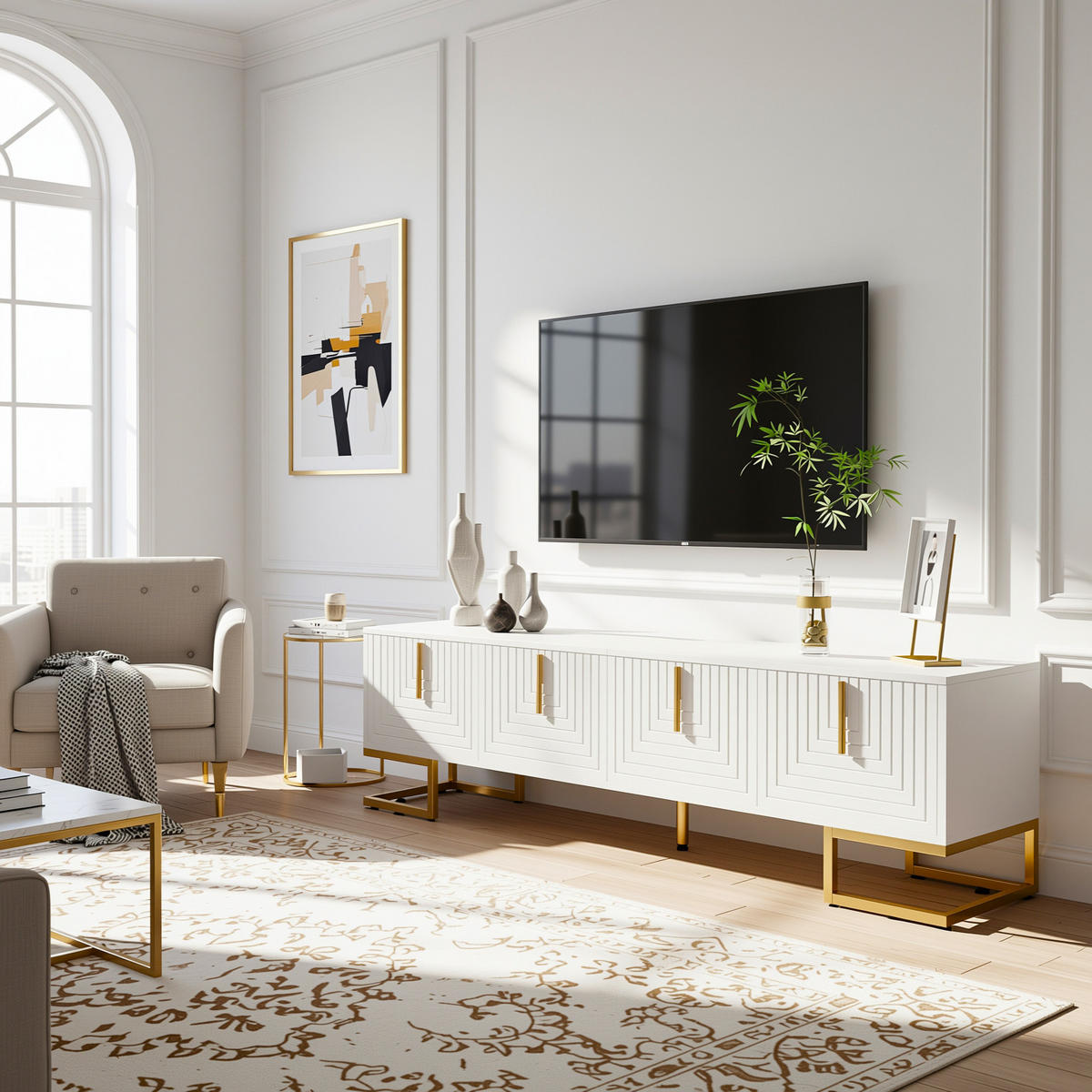 TV-SCHRANK Weiß mit Goldbeinen & 4 Türen Geometrisches Design 170×45 cm - Weiß, Holzwerkstoff (170/45.5/40cm) - Urban Meuble