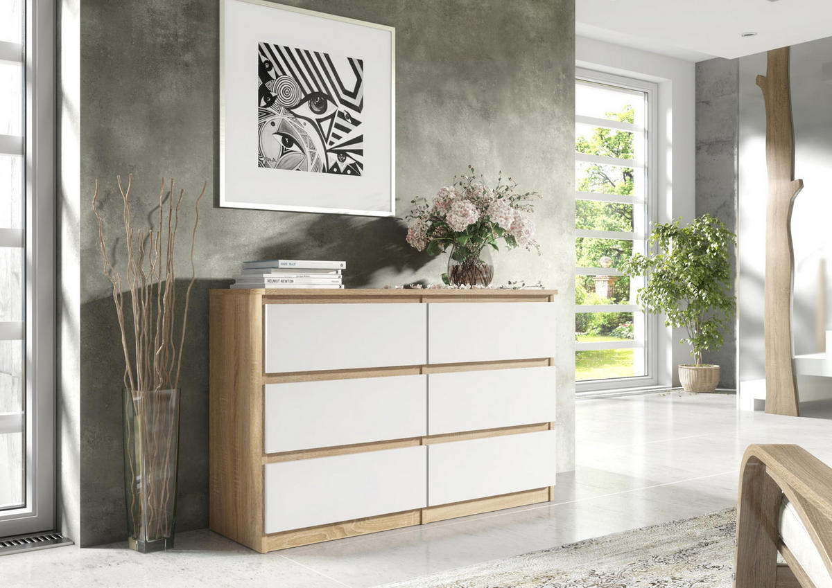 KOMMODE 120 Sonoma oak & Weiß 120x78,5x39 cm - Weiß/Sonoma Eiche, Holzwerkstoff (120/78.5/39cm) - Mobelsta