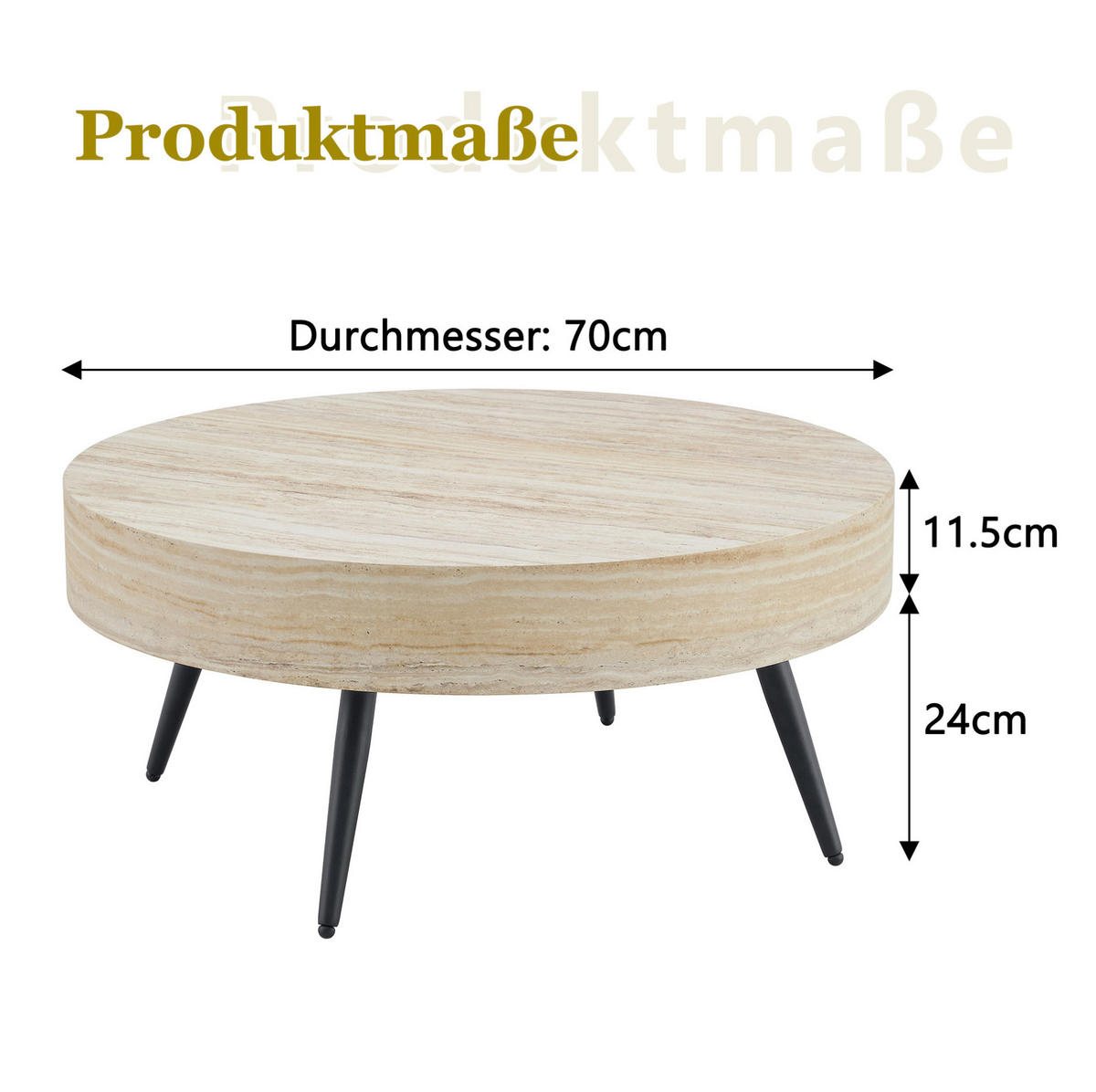 COUCHTISCH 70/70/35,5 cm aus MDF und Metall mit runder Tischplatte und verstellbaren Füßen, Schwarz/Holzfarben - Schwarz, Holzwerkstoff (70/70/35.5cm) - Modfu