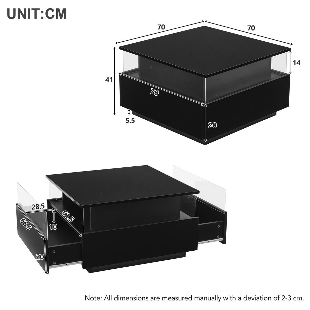 COUCHTISCH 70/70/41 cm Schwarz mit 2 Schubladen und LED-Beleuchtung - Schwarz, Holzwerkstoff (70/70/41cm) - OKWISH