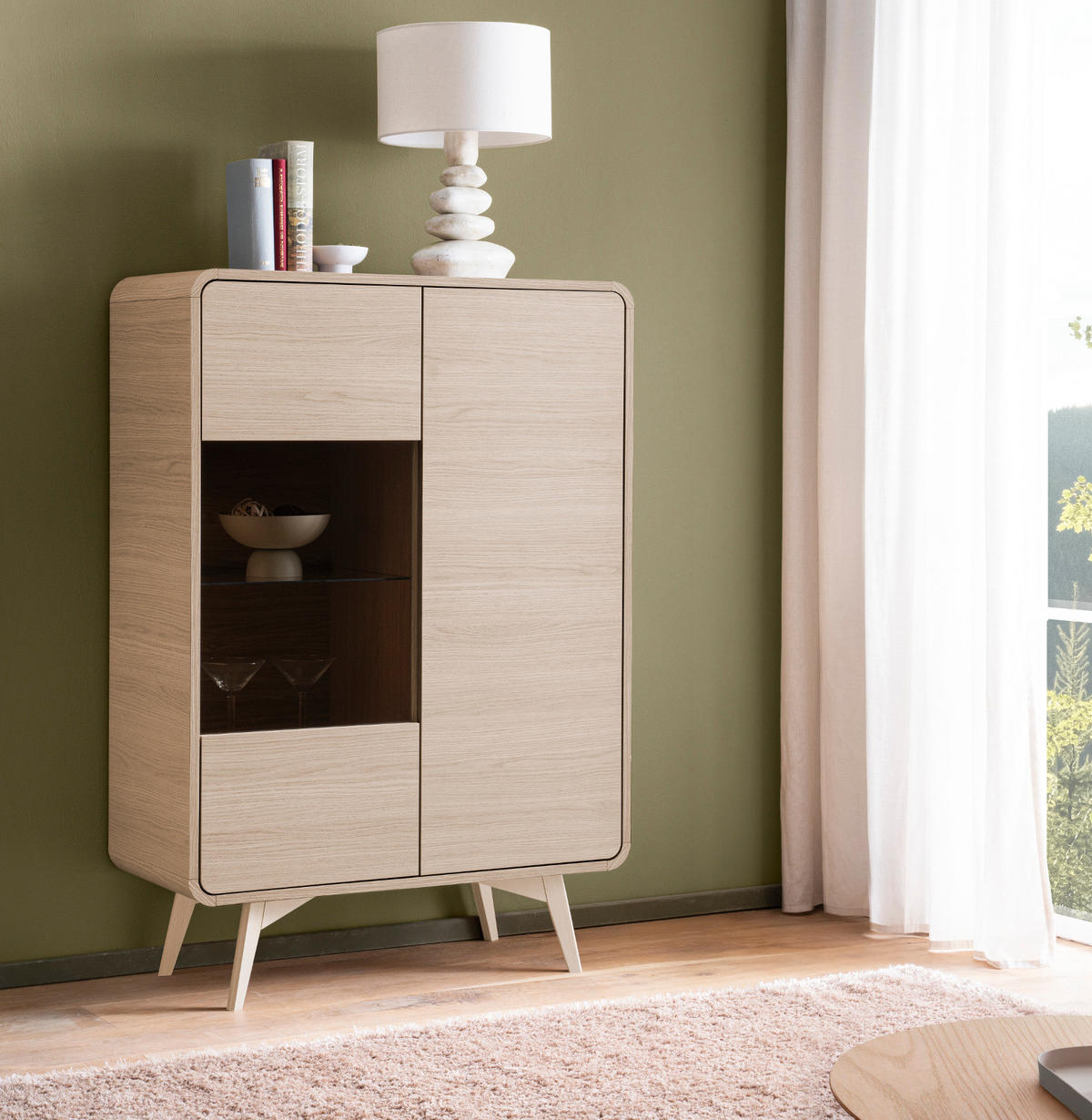 VITRINE Eiche natur skandinavisch 90 cm, Highboard mit Push-to-Open - Eichefarben, Glas/Holz (90/130/39cm) - Furn.Design