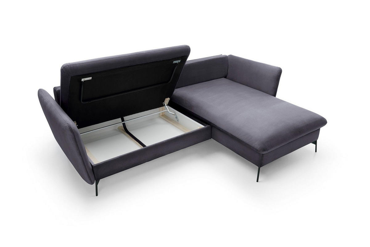 ECKSOFA FERRO Grau Velours-Stoff mit Schlaffunktion - Grau, Holz (258/167cm) - MASSENO