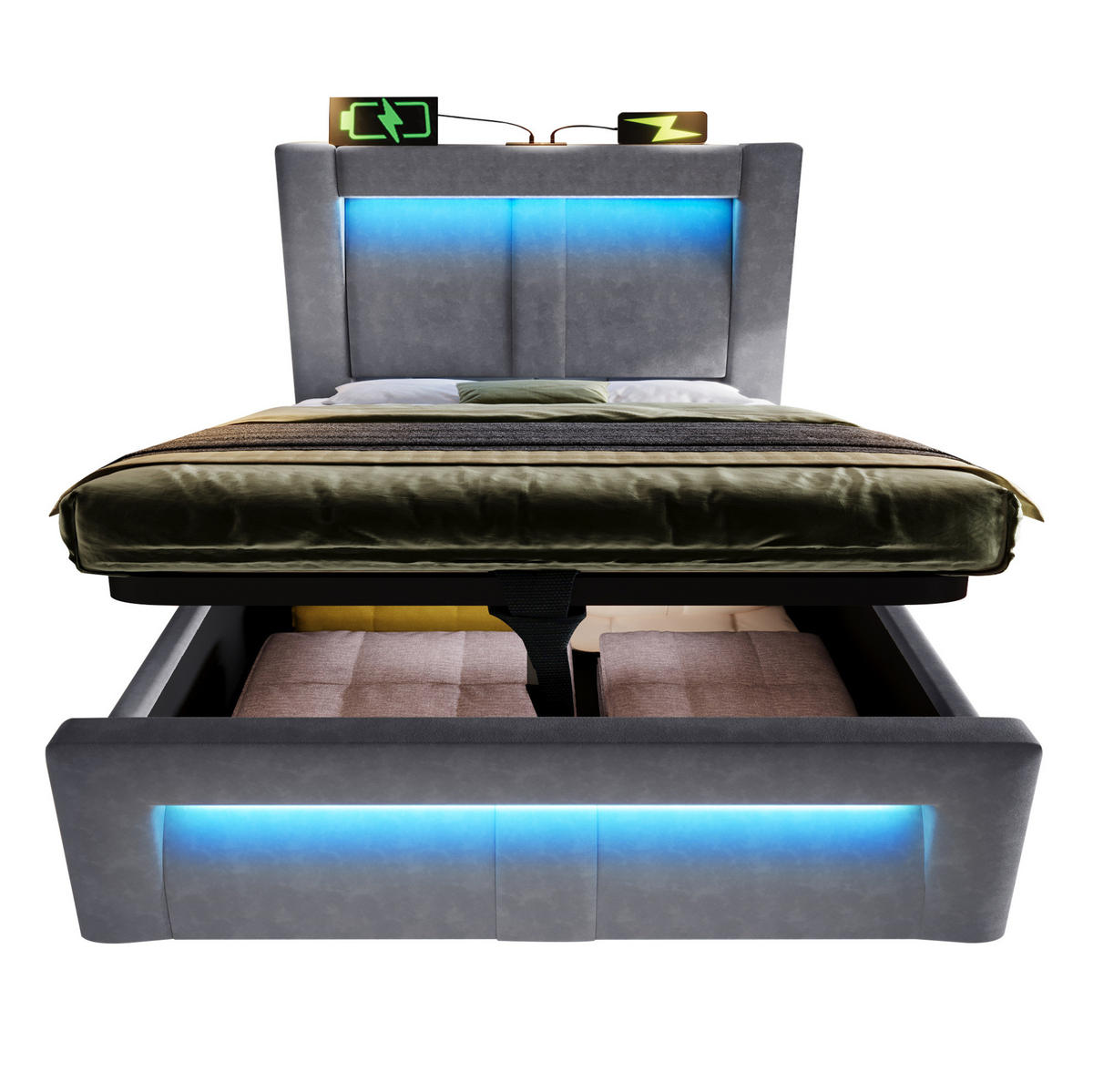 SAMT-POLSTERBETT 90/200 cm mit Bettkasten, LED-Beleuchtung und gepolstertem Kopfteil - Grau, Textil (90/200cm) - BEAOK