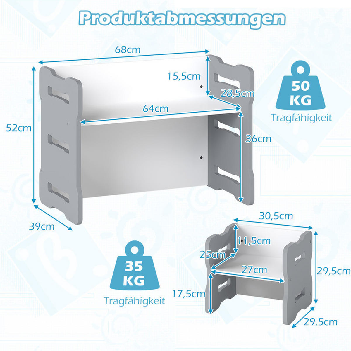KINDERTISCH mit 2 Stühlen grau(3-tlg) - Grau, Holzwerkstoff (68/52/39cm) - COSTWAY