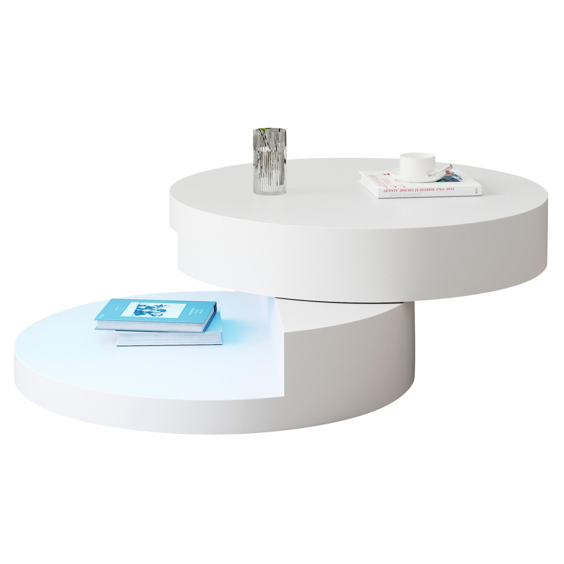 COUCHTISCH 70/70/35,5 cm mit 360° drehbarer Tischplatte, LED-Beleuchtung und 2 Ebenen aus MDF, Weiß - Weiß, Holzwerkstoff (70/70/35.5cm) - Redom