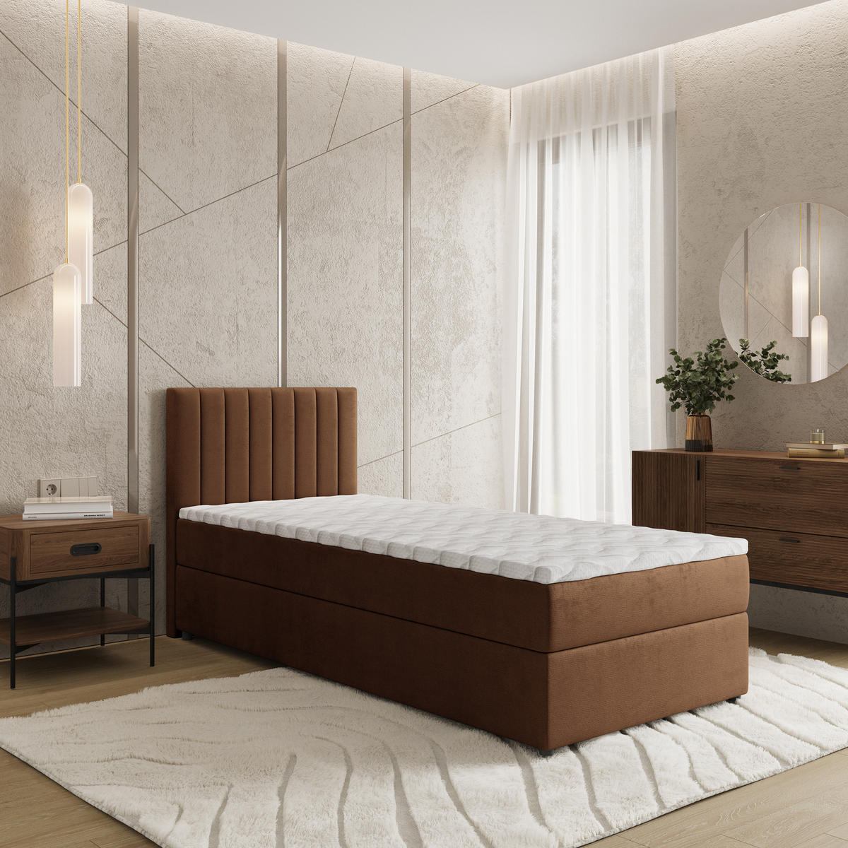 BOXBETT BRESEL 80 80x200 cm mit Matratze und Topper, H2+H3 - Braun - Braun, Holz (80/200cm) - MASSENO