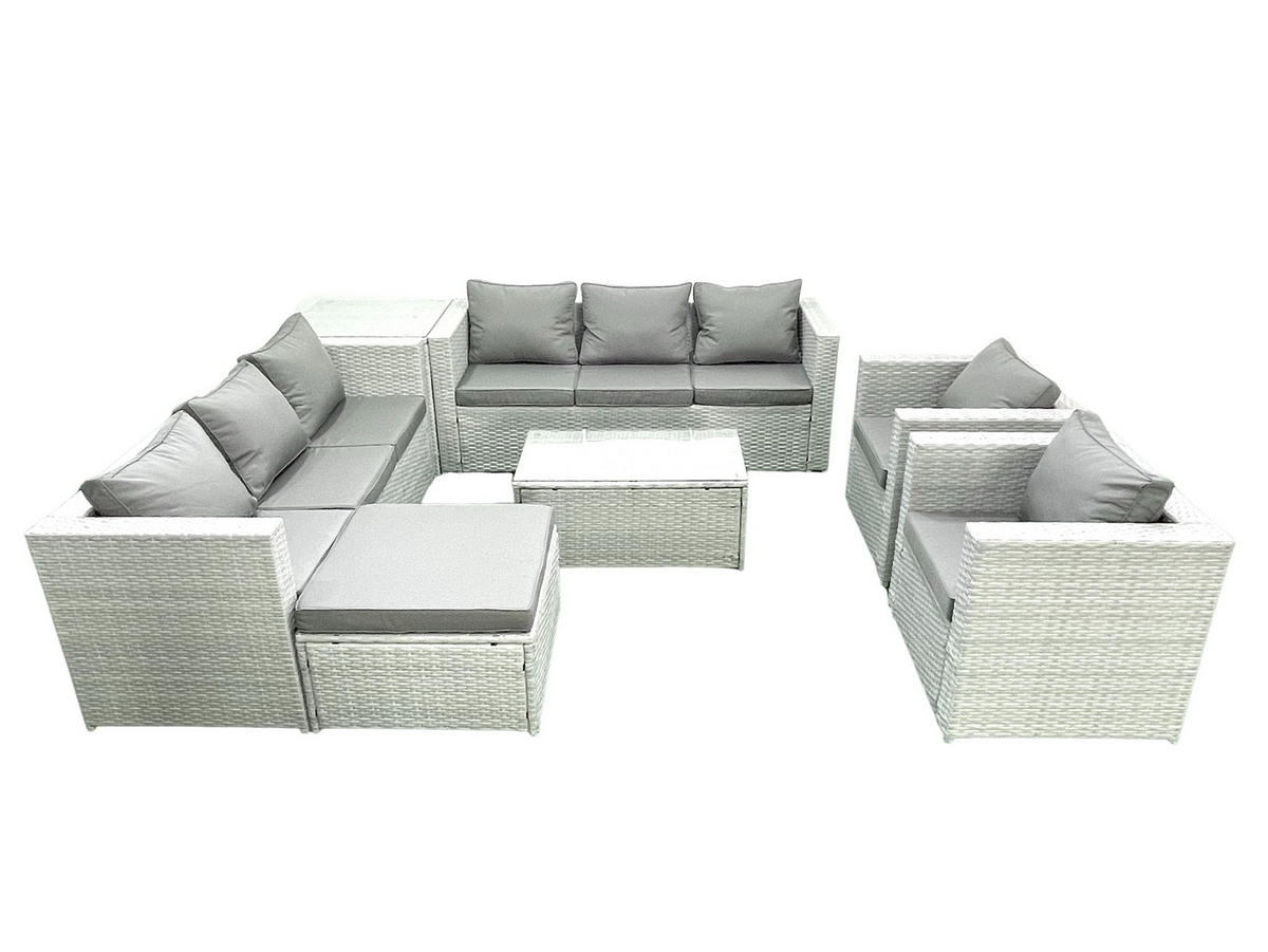 GARTENGARNITUR mit 3-SITZER SOFA,COUCHTISCH Polyrattan Hellgrau-Mix 9-Sitzer - Hellgrau/Grau, Glas/Kunststoff - Fimous
