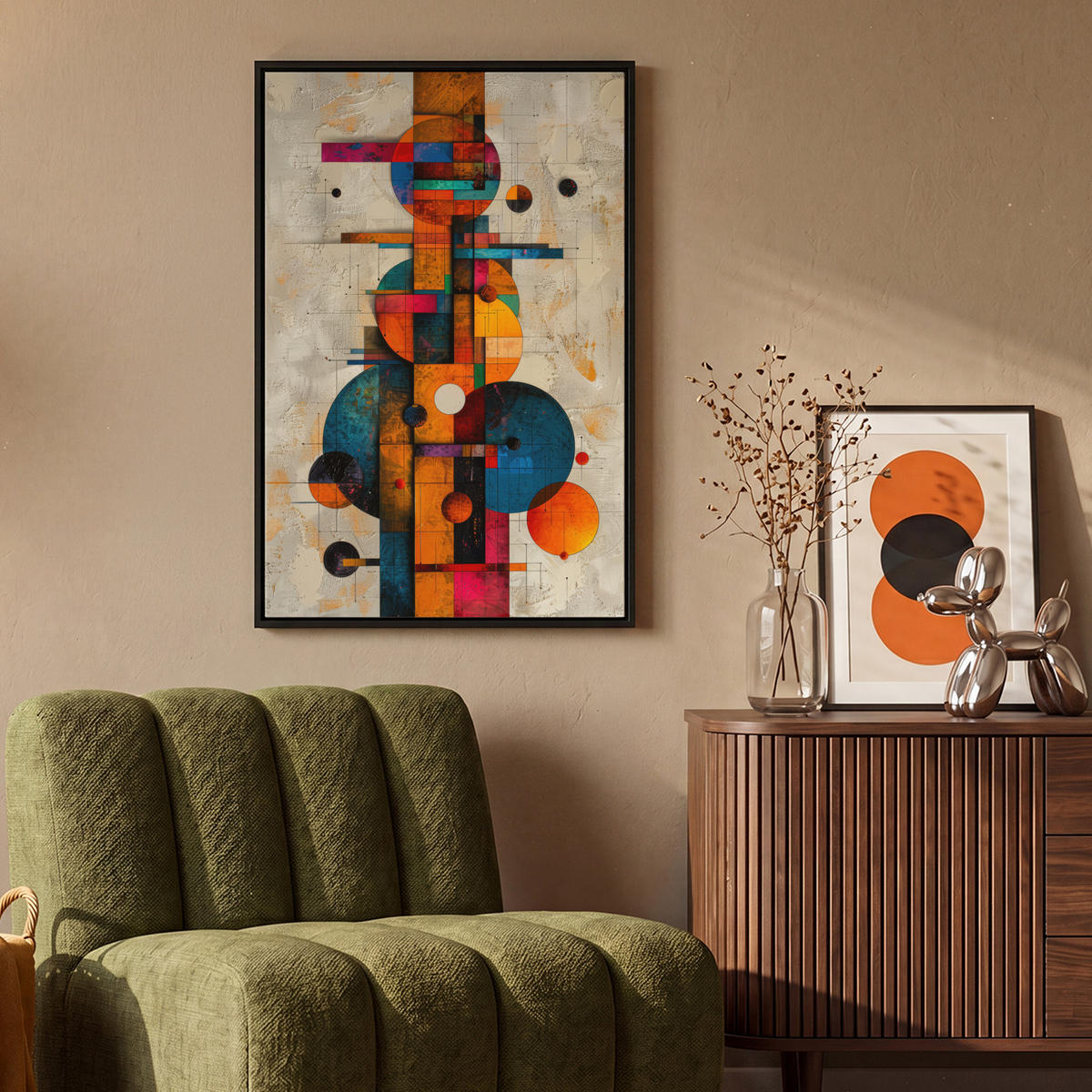 LEINWAND Bilder mit Rahmen - Vintage - Moderne Kunst - Orange - Geometrische Formen - 60x90 - Multicolor, Textil (60/90cm) - MuchoWow
