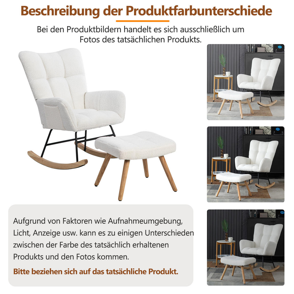 SCHAUKELSTUHL mit Fußhocker und Polsterung weiß 92/65/47 cm - Weiß, Textil (64/92/94cm) - EVRYAE
