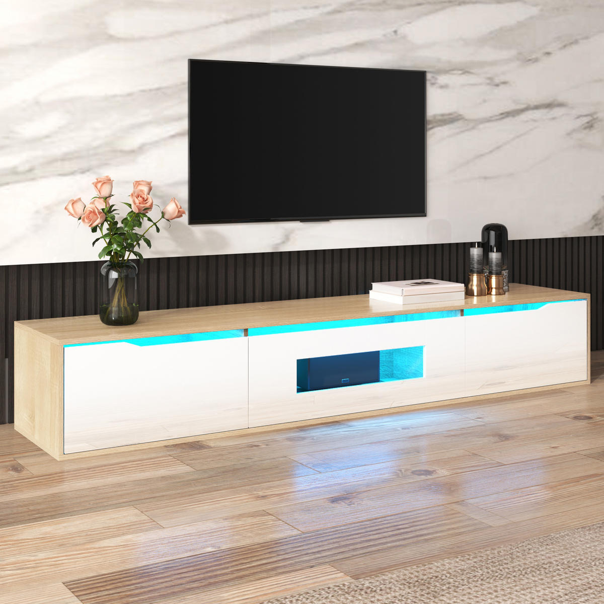 TV-RACK 180x30x35cm HochglanzWeiß Holzoptik mit LEDLicht Wandmontage - Weiß, Holz (46/17/142cm) - Raelunyi