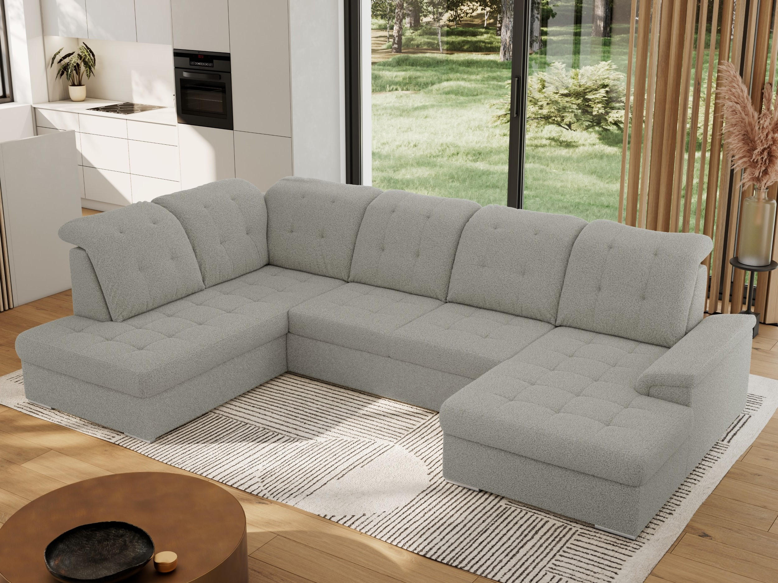 WOHNLANDSCHAFT MADRITO U - Hellgrau Boucle - Links - Silberfarben/Hellgrau, Textil/Metall (204/89/323cm) - MKS