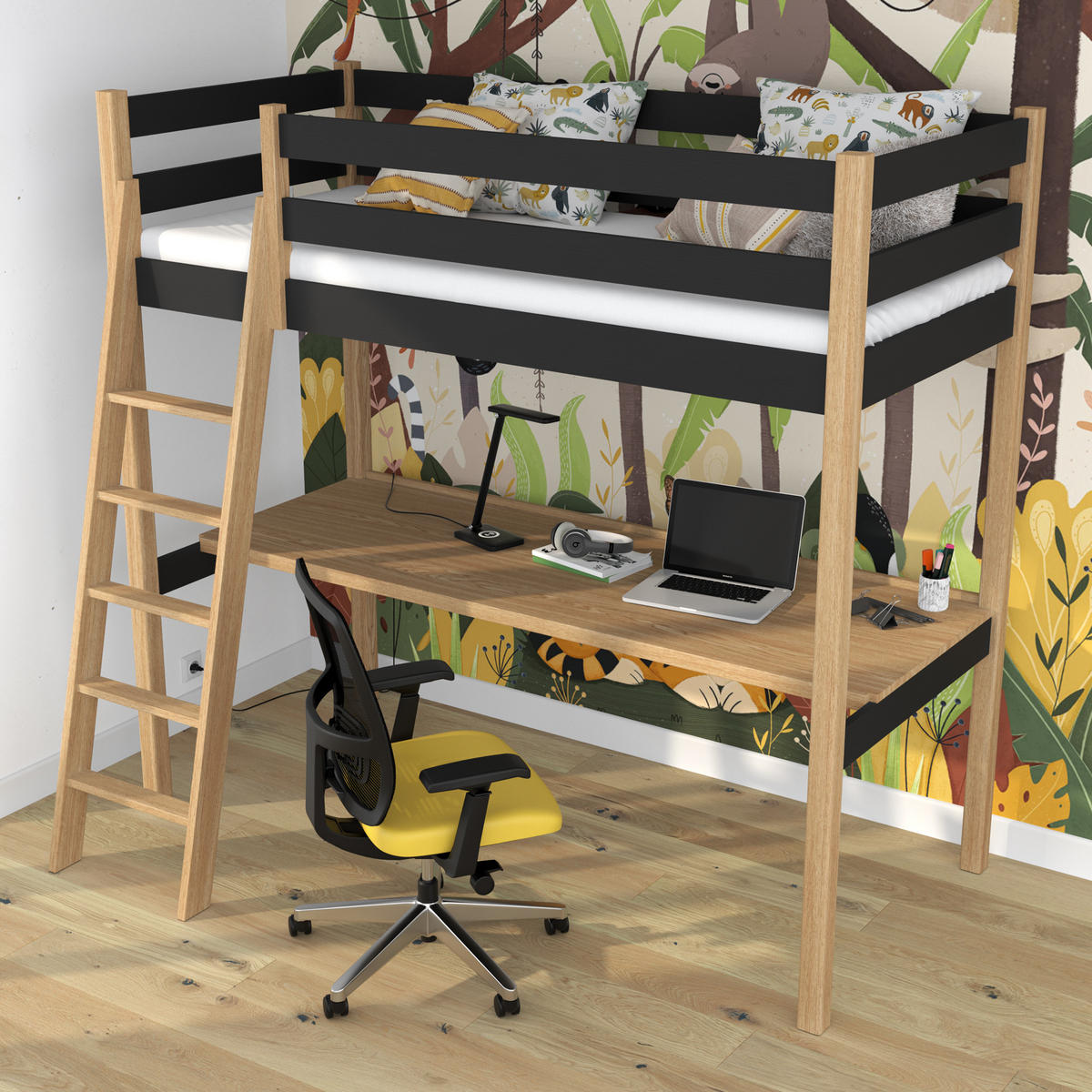 HOCHBETT N03 mit Schreibtisch Schwarz / Eiche Natur 90/190 - Schwarz/Eiche Artisan, Naturmaterialien/Holz (90/190cm) - N-Wood