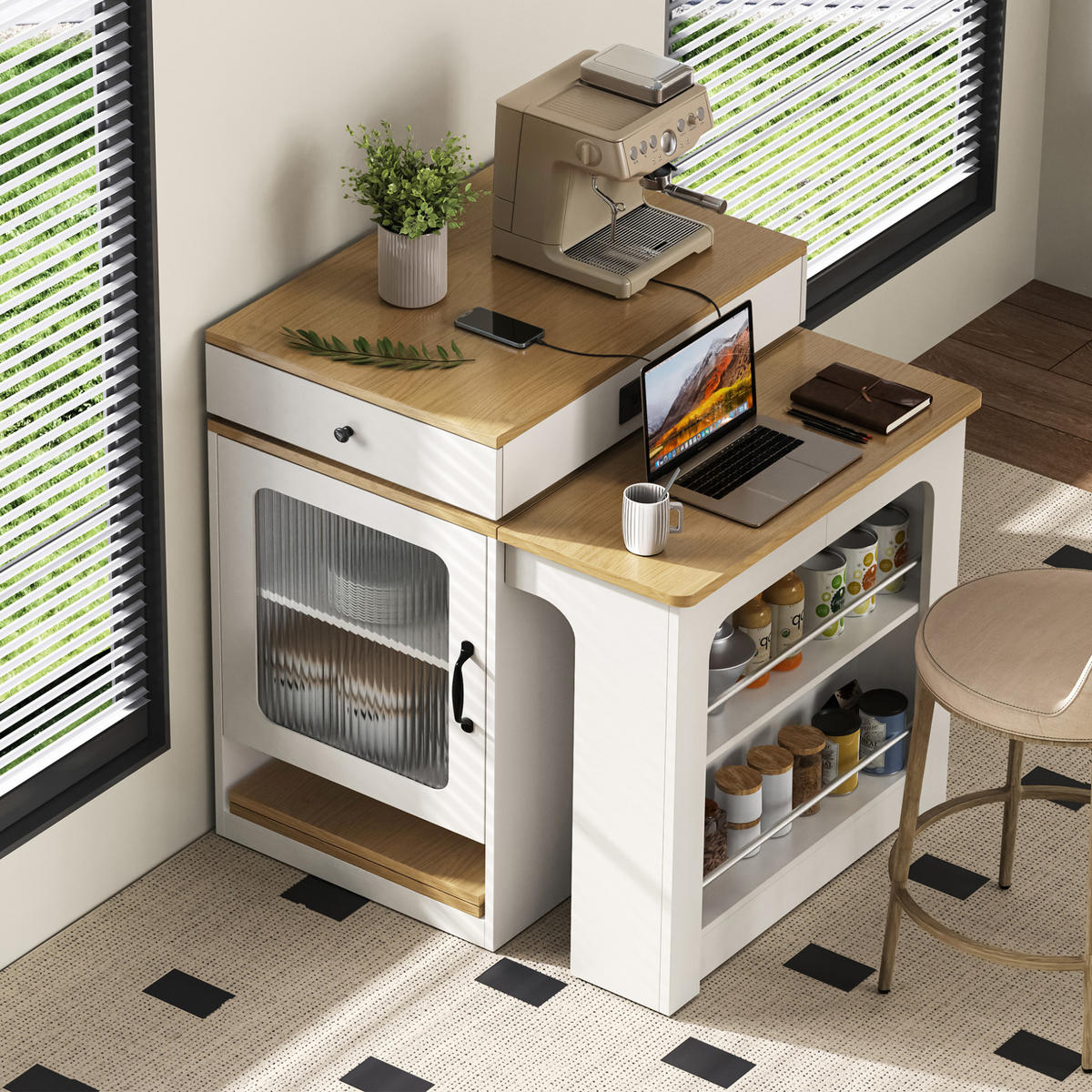 KÜCHENINSEL 80/71-151/92 cm aus MDF und Glas mit ausziehbarer Tischplatte Weiß/Natur - Weiß, Holzwerkstoff (151/92/80cm) - Modenvie