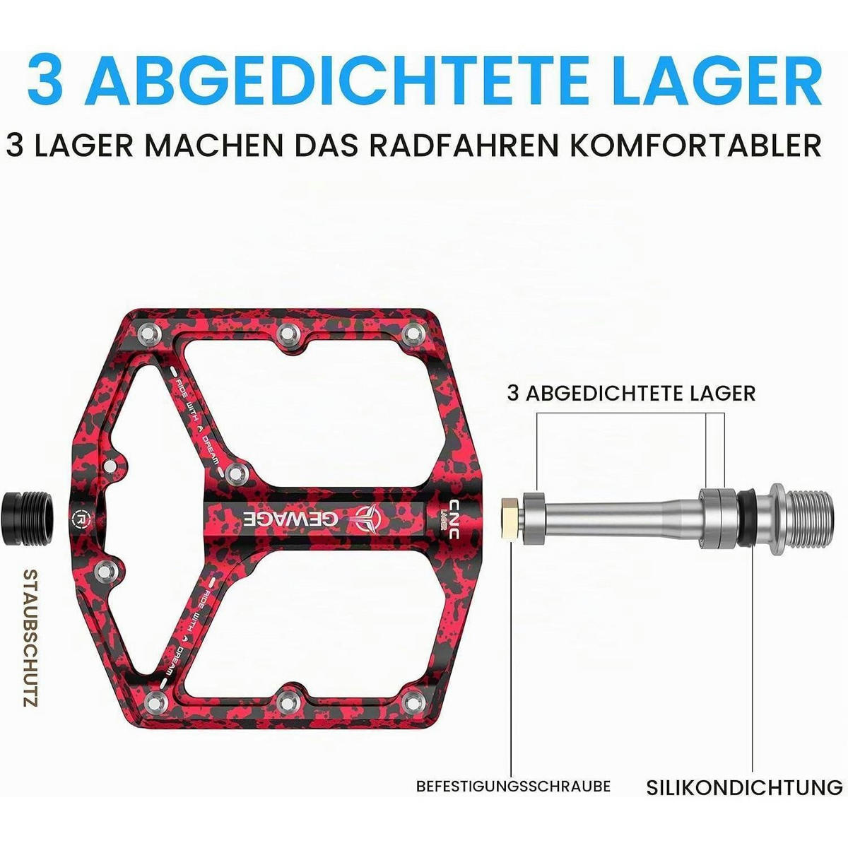 FAHRRADPEDALE Rennrad/Mountainbike Aluminiumlegierung Rot Tarnmuster - Multicolor, Metall (10/1.4/10.4cm)