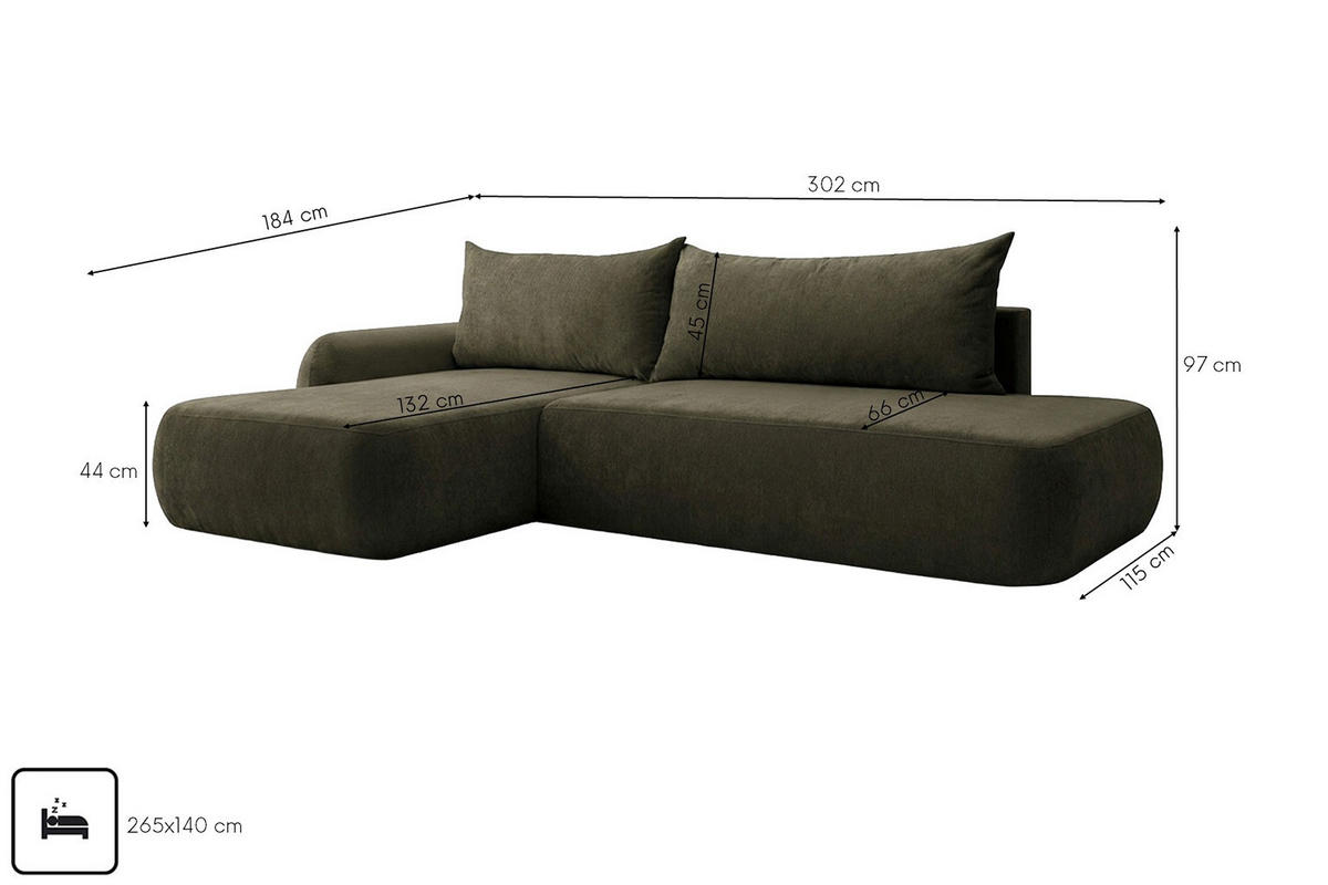 ECKSOFA Mit Schlaffunktion Und Bettkasten, Velvet-Stoff Vena, Olive, Links, HELA I - Olivgrün, Holz (302/184cm) - Kaiser Möbel