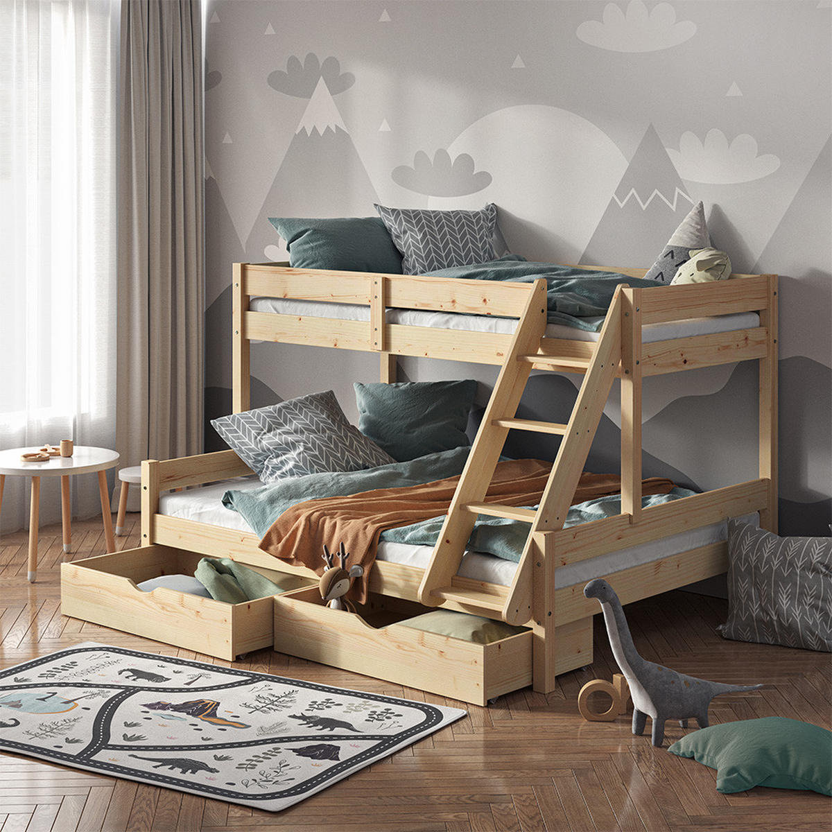 ETAGENBETT Everest Naturholz 140x200/90x200 cm mit Schubladen - Eichefarben, Holz (140/200cm) - VitaliSpa