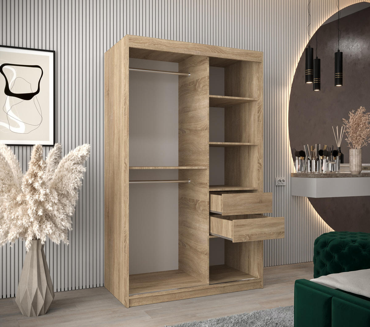 SCHIEBETÜRENSCHRANK - Kleiderschrank MALTESE 120 Sonoma + schubladen - Sonoma Eiche, Holzwerkstoff (120/200/62cm) - Möblo