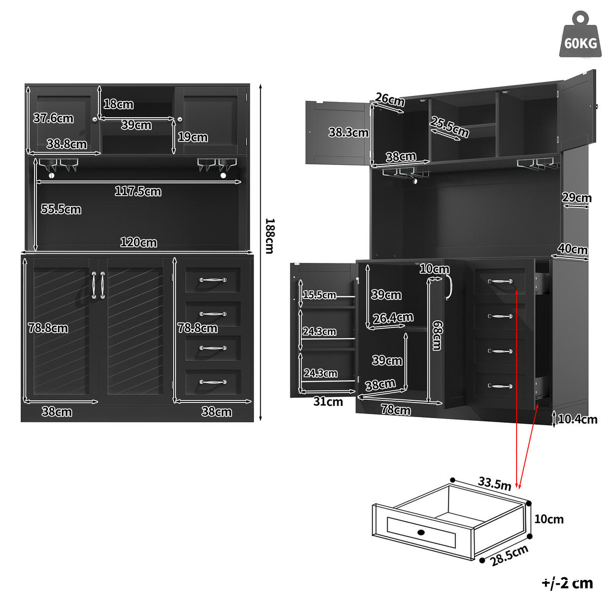 BUFFETSCHRANK 120/40/188 cm schwarz aus MDF mit LED-Beleuchtung - Schwarz, Holzwerkstoff (120/188/40cm) - OKWISH