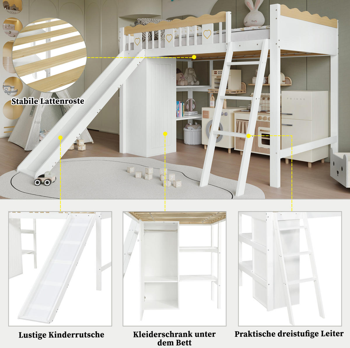 HOCHBETT 90/200 cm Weiß/Natur mit Rutsche und Schrank - Weiß, Holz (90/200cm) - Flora Grace