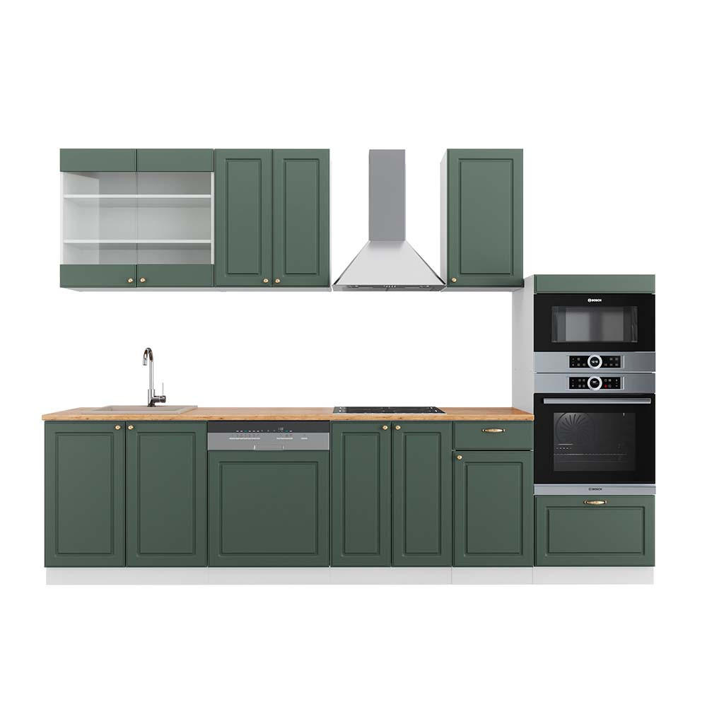 KÜCHENZEILE Fame-Line Grün-Gold Landhaus/Weiß 300 cm mit Hochschrank AP Eiche - Weiß/Grün, Holzwerkstoff (300/81.6/60cm) - Vicco