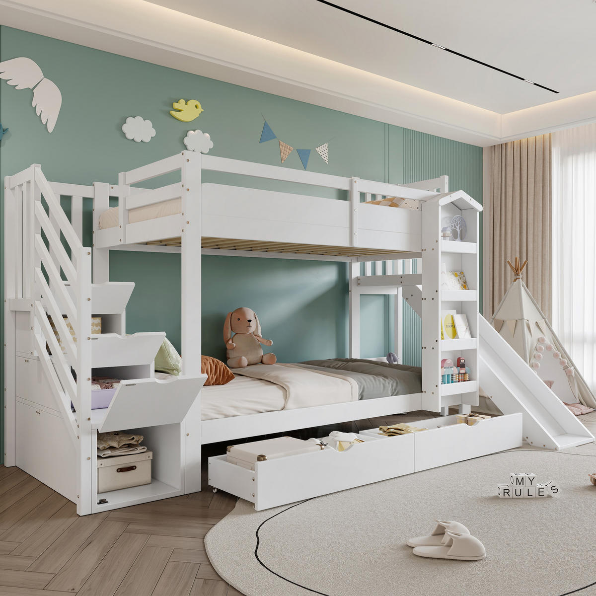 ETAGENBETT Kinderbett Weiß 90x200cm - Weiß, Holz (90/200cm) - ComfortXL