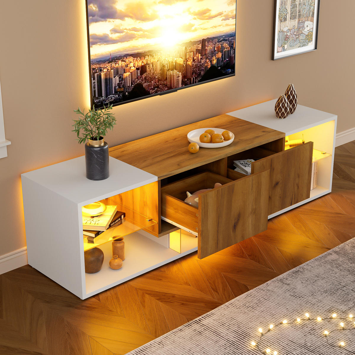 TV-SCHRANK 160/40/42 cm Weiß mit LED und 2 Schubladen - Eichefarben, Holzwerkstoff (160/42/40cm) - Oxeza