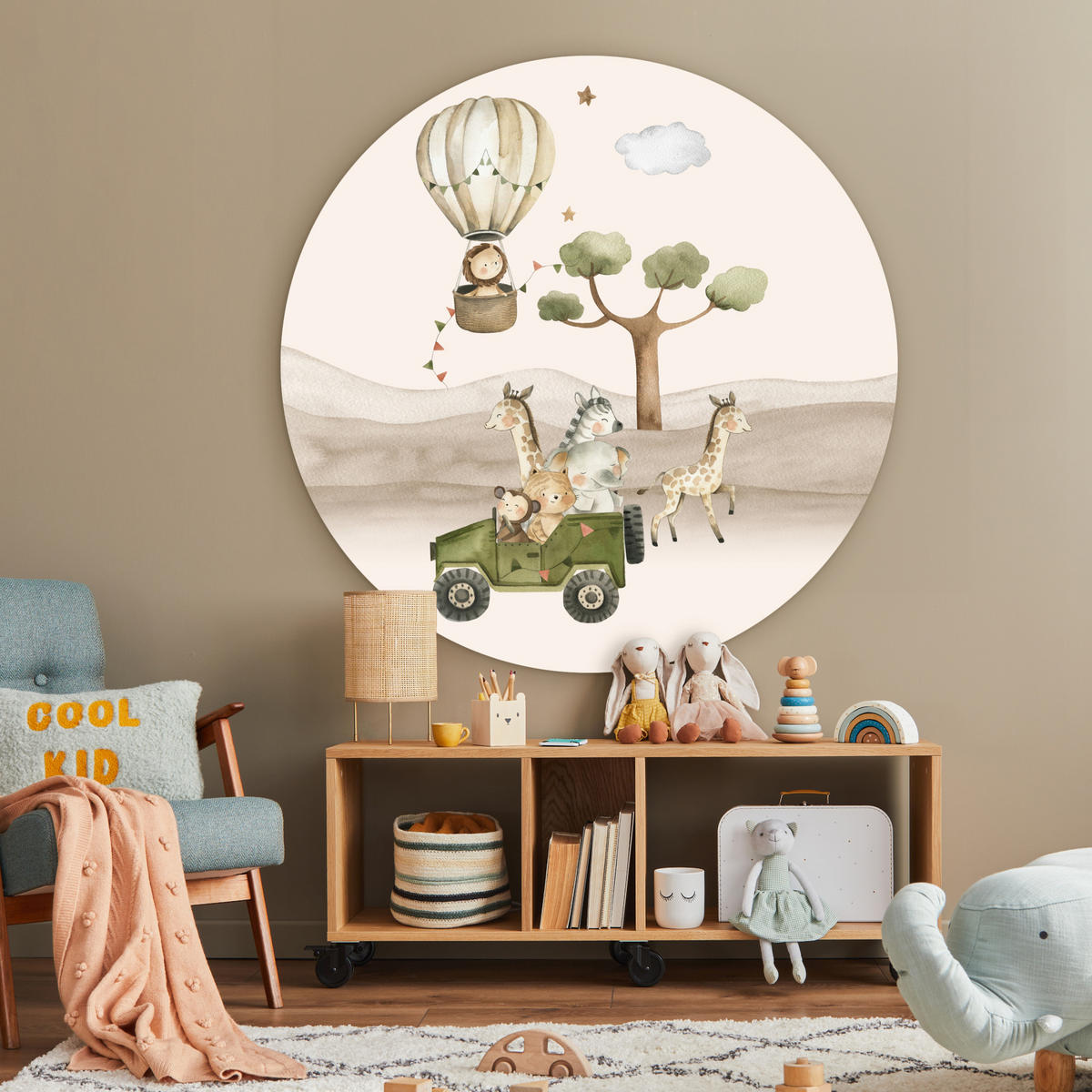 WANDBILD Wilde Tiere - Safari - Aquarell - Heißluftballon 120x120 cm - Beige, Kunststoff (120/120cm) - MuchoWow